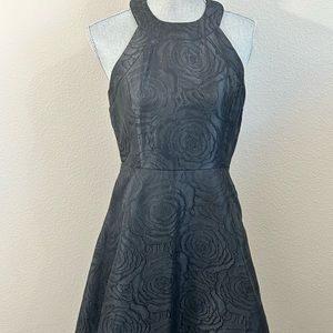 CALVIN KLEIN Jacquard Brocade Floral Halter A line Cocktail Dress Size 4 Black